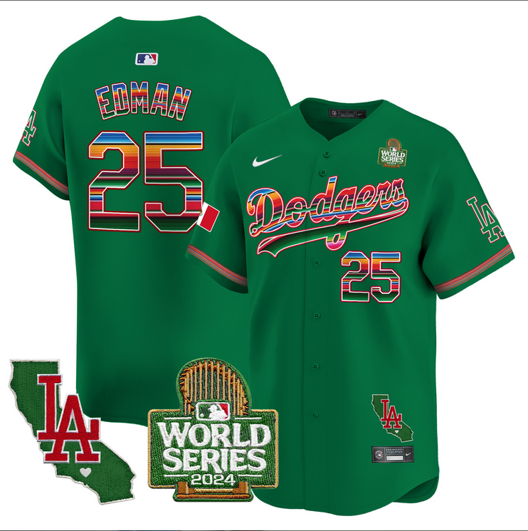 Men MLB Mexico Los Angeles Dodgers 25 Edman green 2024 World Series Champions Patch Jersey 2024110 style #3 ->los angeles dodgers->MLB Jersey